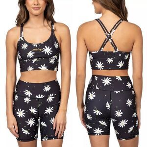 Hurley 2 Piece Black Big Daisy Floral Double Cross Sports Bra Short Set Size XS